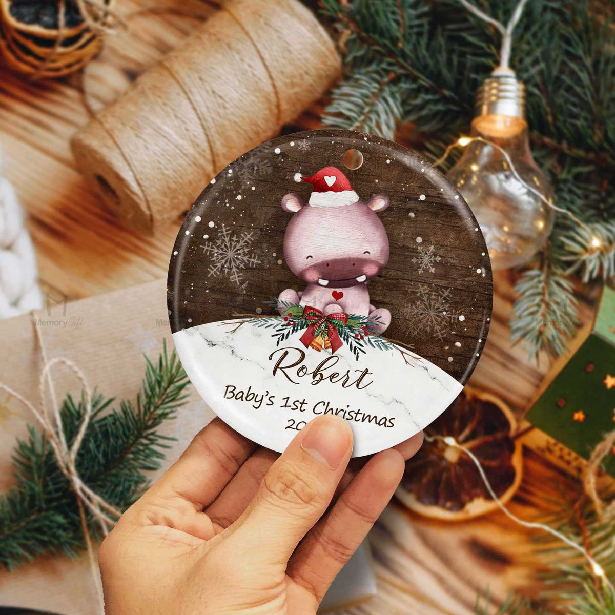 Babys First Christmas Ornament 2022 Personalized Baby Hippo Christmas