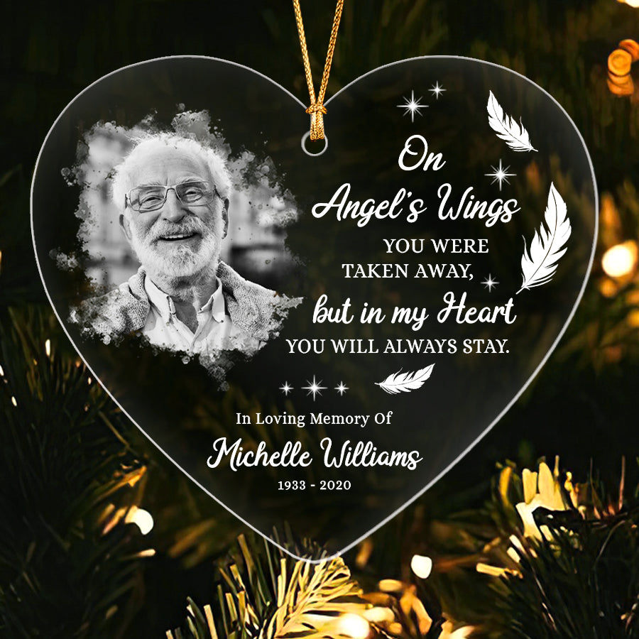 On Angel's Wings Memorial Acrylic Ornament With Custom Photo