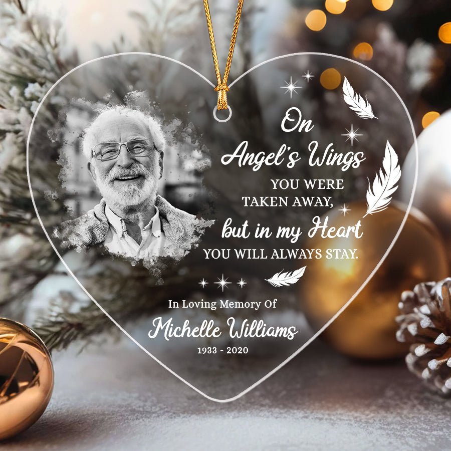 On Angel's Wings Memorial Acrylic Ornament With Custom Photo