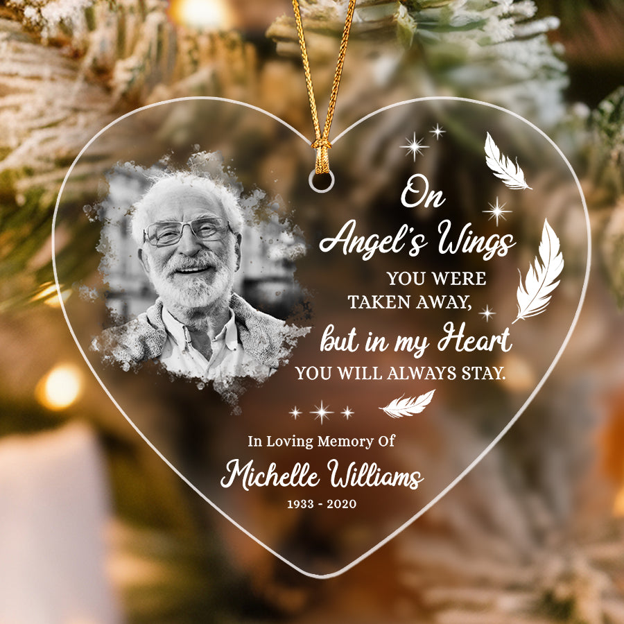 On Angel's Wings Memorial Acrylic Ornament With Custom Photo