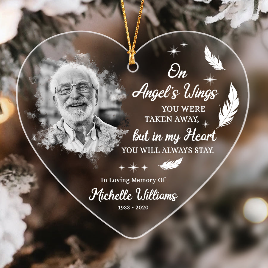 On Angel's Wings Memorial Acrylic Ornament With Custom Photo