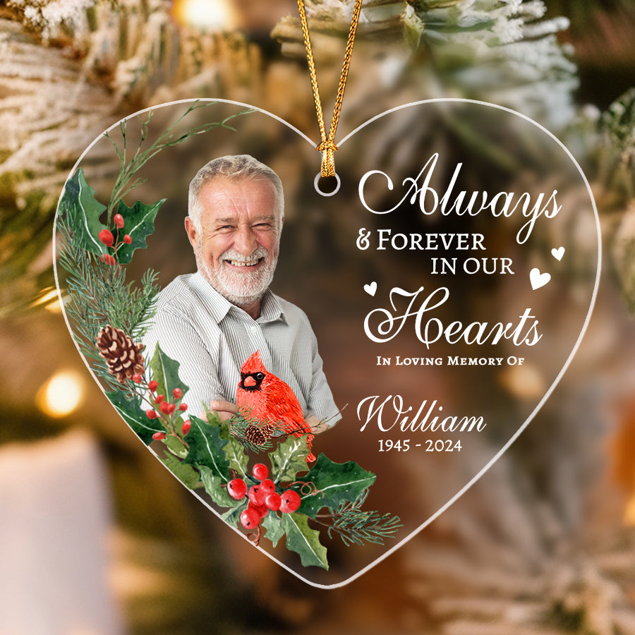 Always And Forever In Our Hearts Acrylic Ornament With Red Cardinal