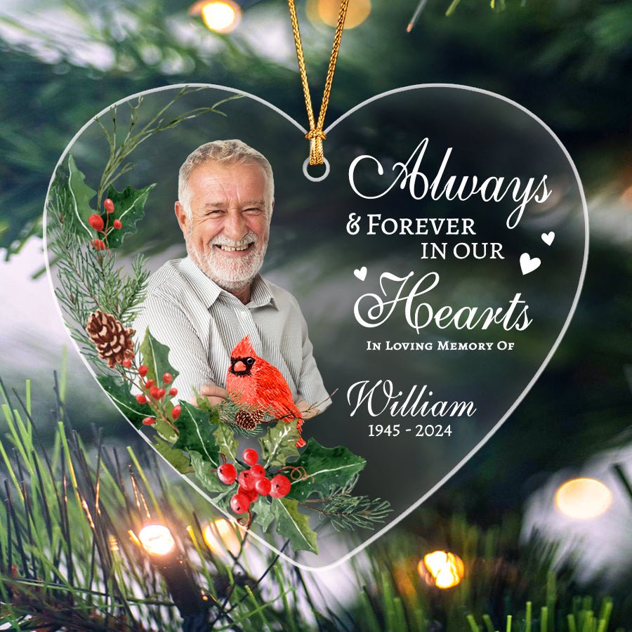 Always And Forever In Our Hearts Acrylic Ornament With Red Cardinal