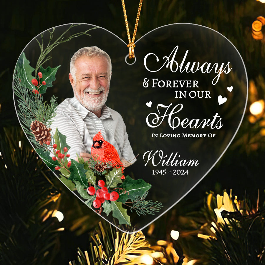 Always And Forever In Our Hearts Acrylic Ornament With Red Cardinal