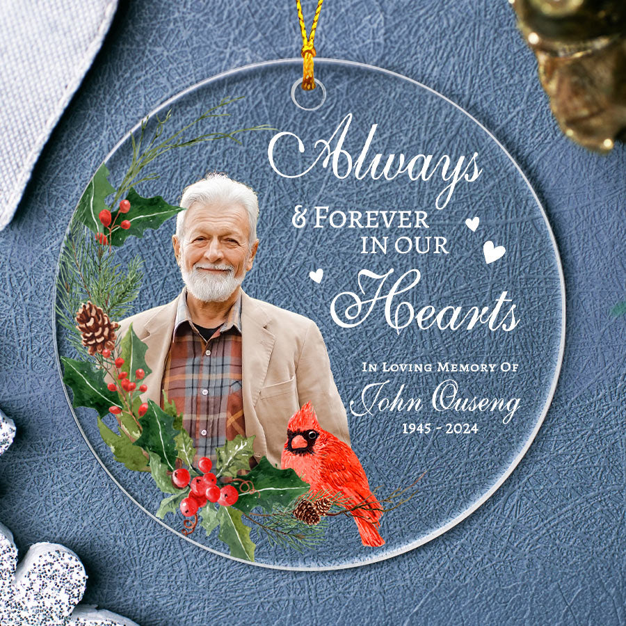 Always And Forever In Our Hearts Acrylic Ornament With Red Cardinal