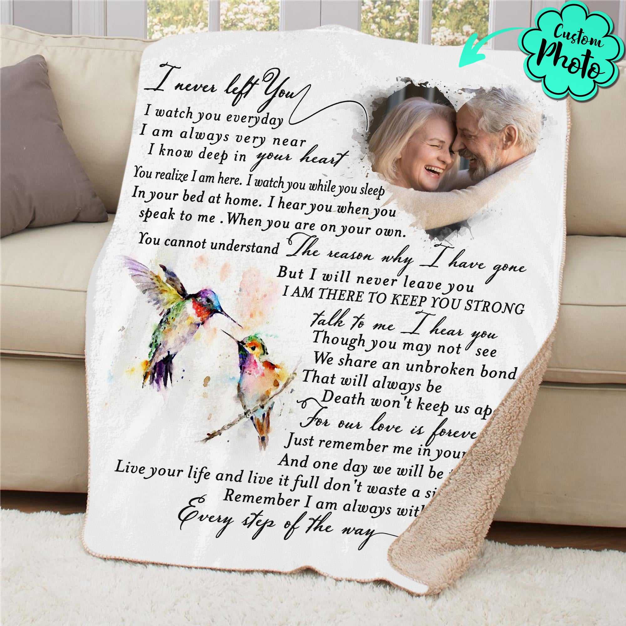 Custom Memorial Blankets With Picture, Personalized I Never Left You Hummingbird For Loss Of Father