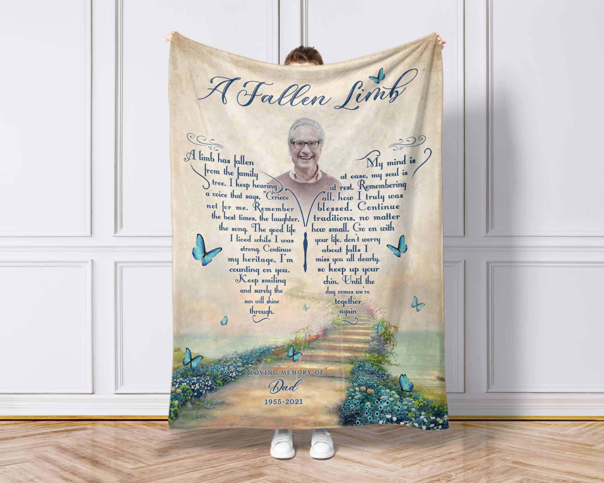A Fallen Limb Butterfly In Loving Memory Photo Blanket For Loss Of Father, Bereavement Blanket Fathers Day Gift, Custom Photo Blanket