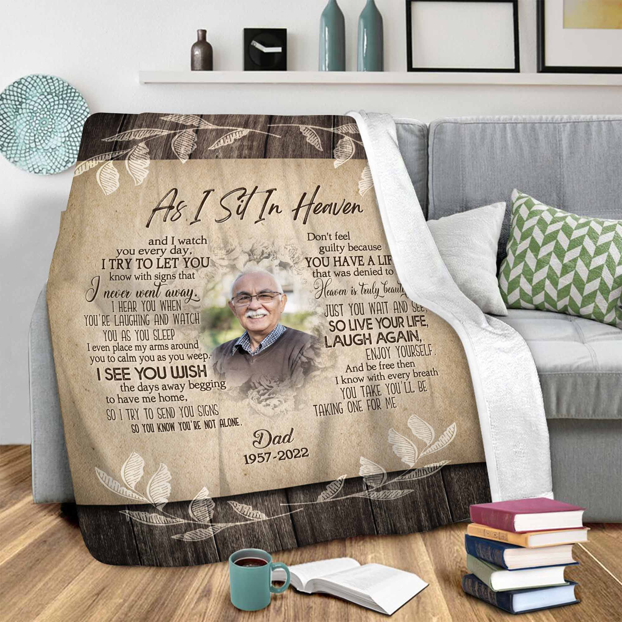 As I Sit In Heaven Memory Blankets With Pictures For Loss Of Father, Mothers Day Gift, Custom Photo Funeral Blankets