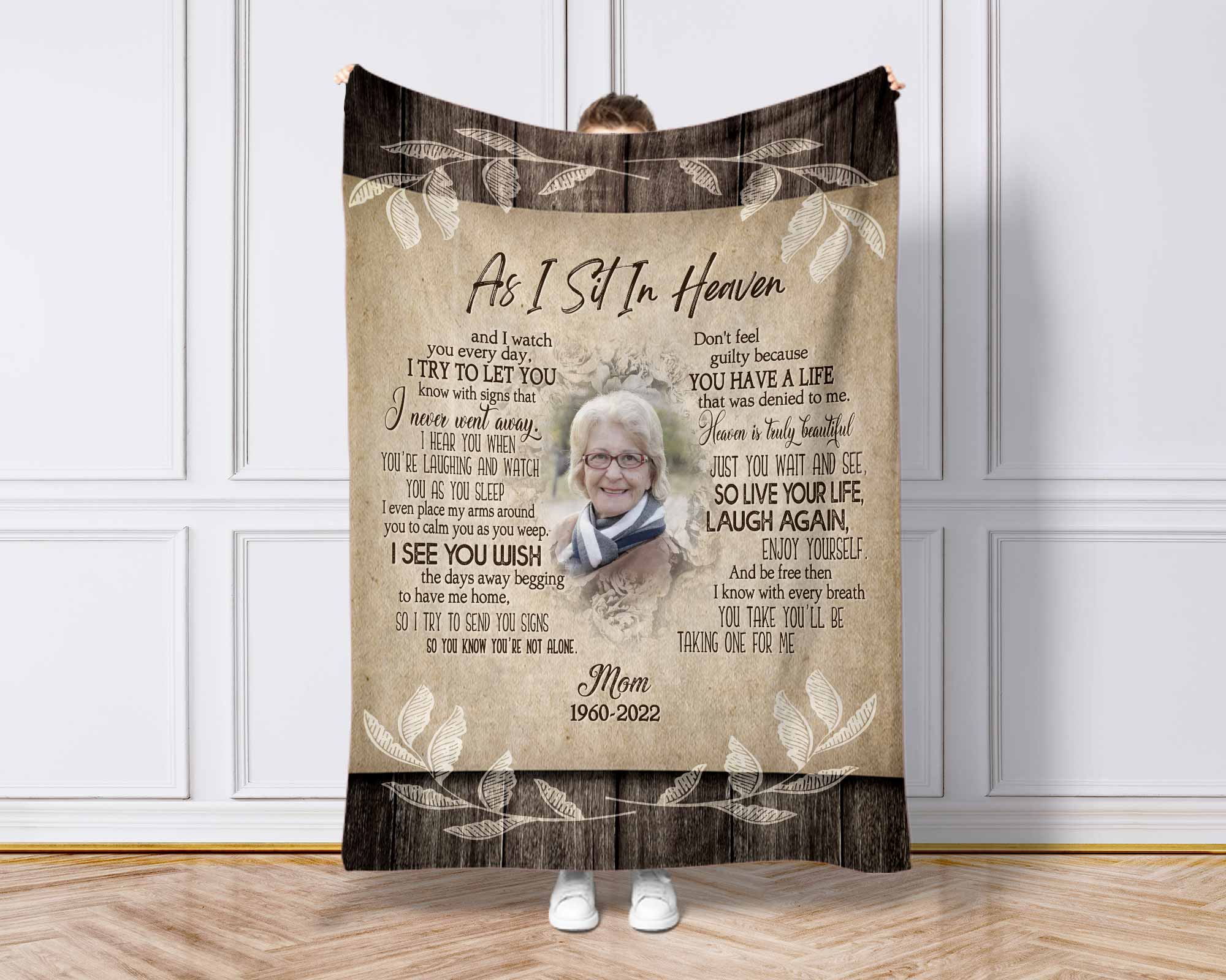 Personalized As I Sit In Heaven Memorial Blanket For  Loss Of Mother, Funeral Blankets Mothers Day Gift, Custom Photo Blanket