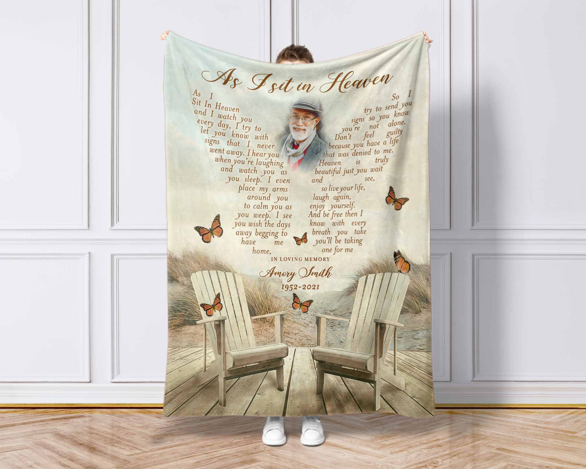 Personalized As I Sit In Heaven Memorial Blankets For Loss Of Father, Sympathy Blankets Fathers Day Gift, Butterfly Grief Blanket