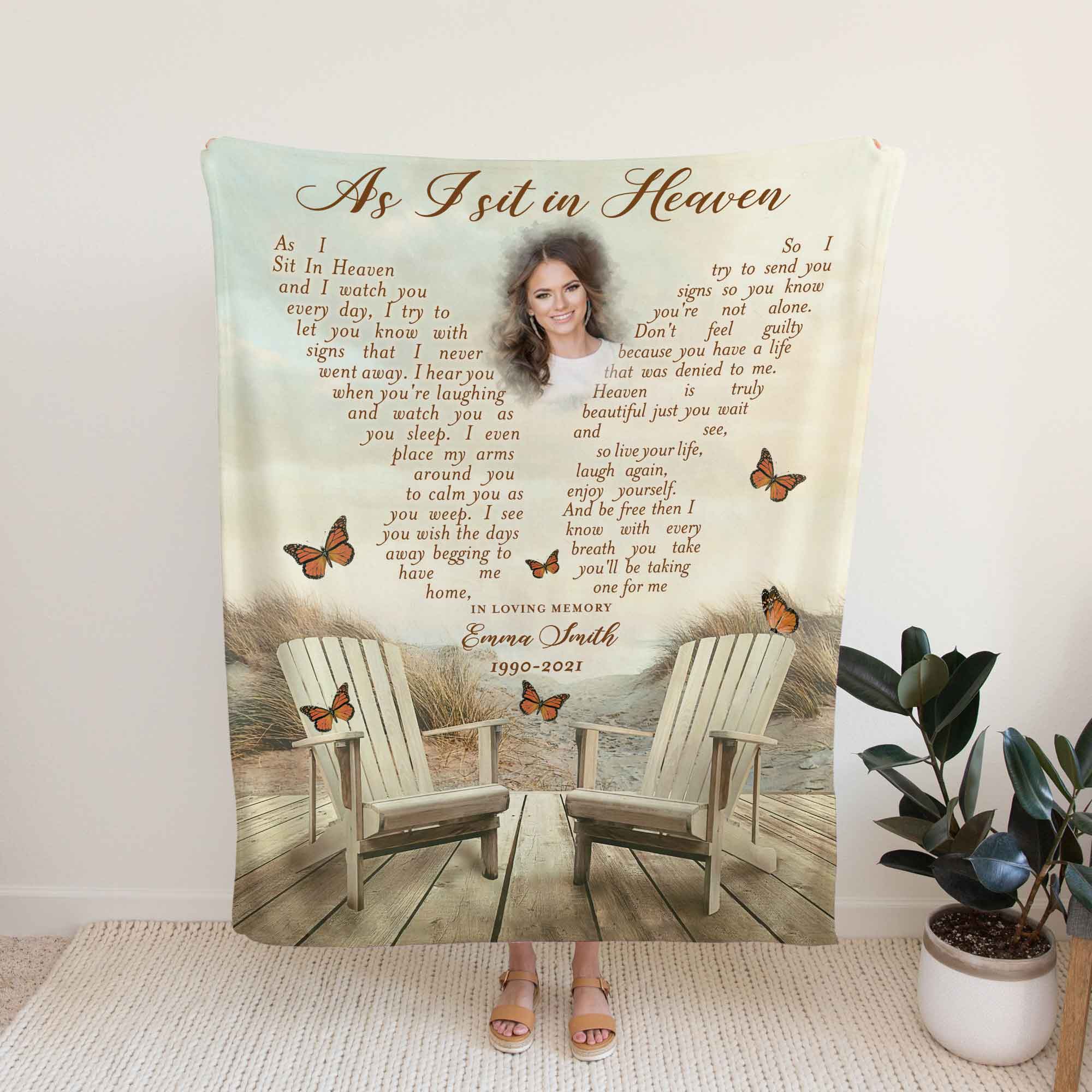 As I Sit In Heaven Loss Of Daughter Memorial Blankets, Personalized Mothers Day Gift, Butterfly Funeral Blankets, Custom Photo Blanket