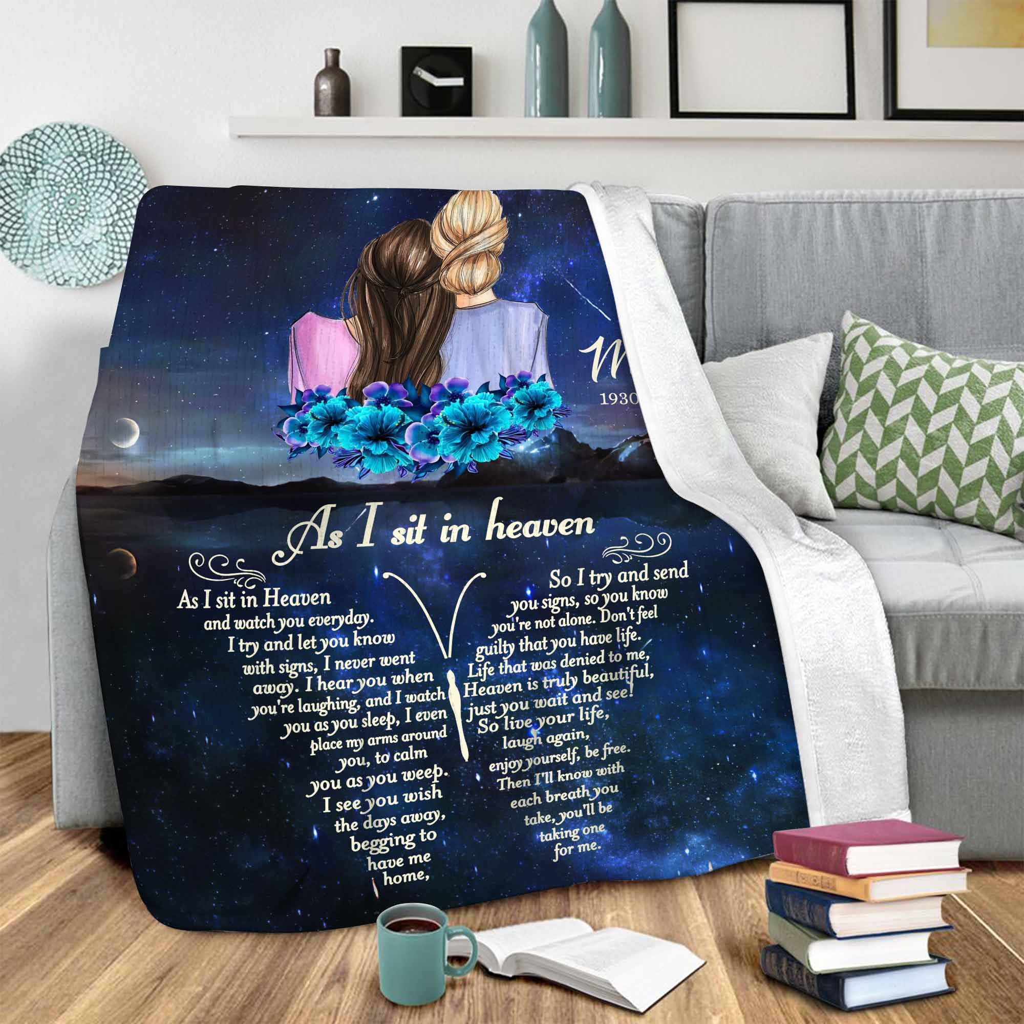Personalized Memorial Blankets For Loss Of Mother, In Loving Memory Blankets, As I Sit In Heaven Condolence Blankets