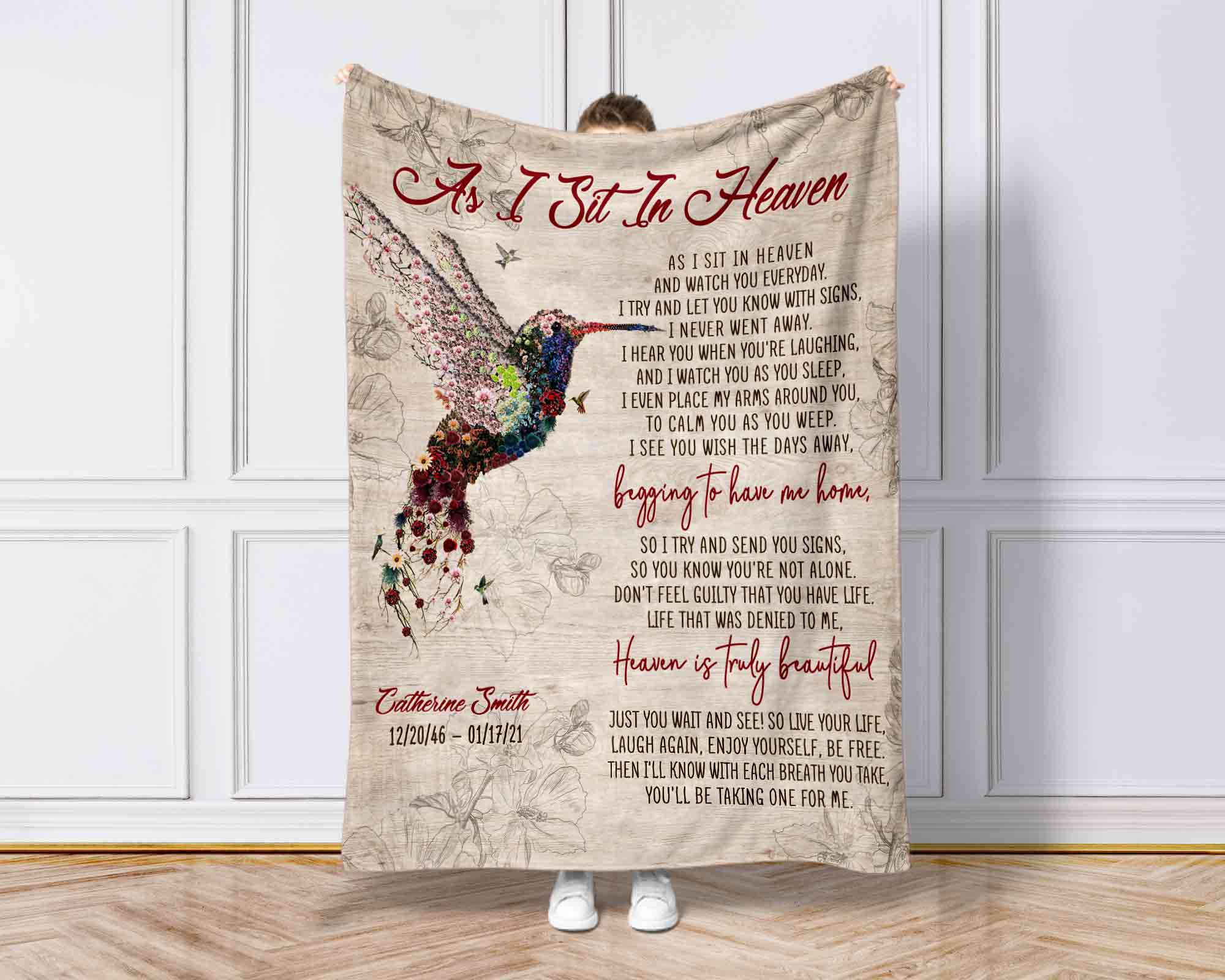As I Sit In Heaven Hummingbird Memorial Blankets, In Loving Memory Blankets For Loss Of Loved One, Sympathy Throw Blankets