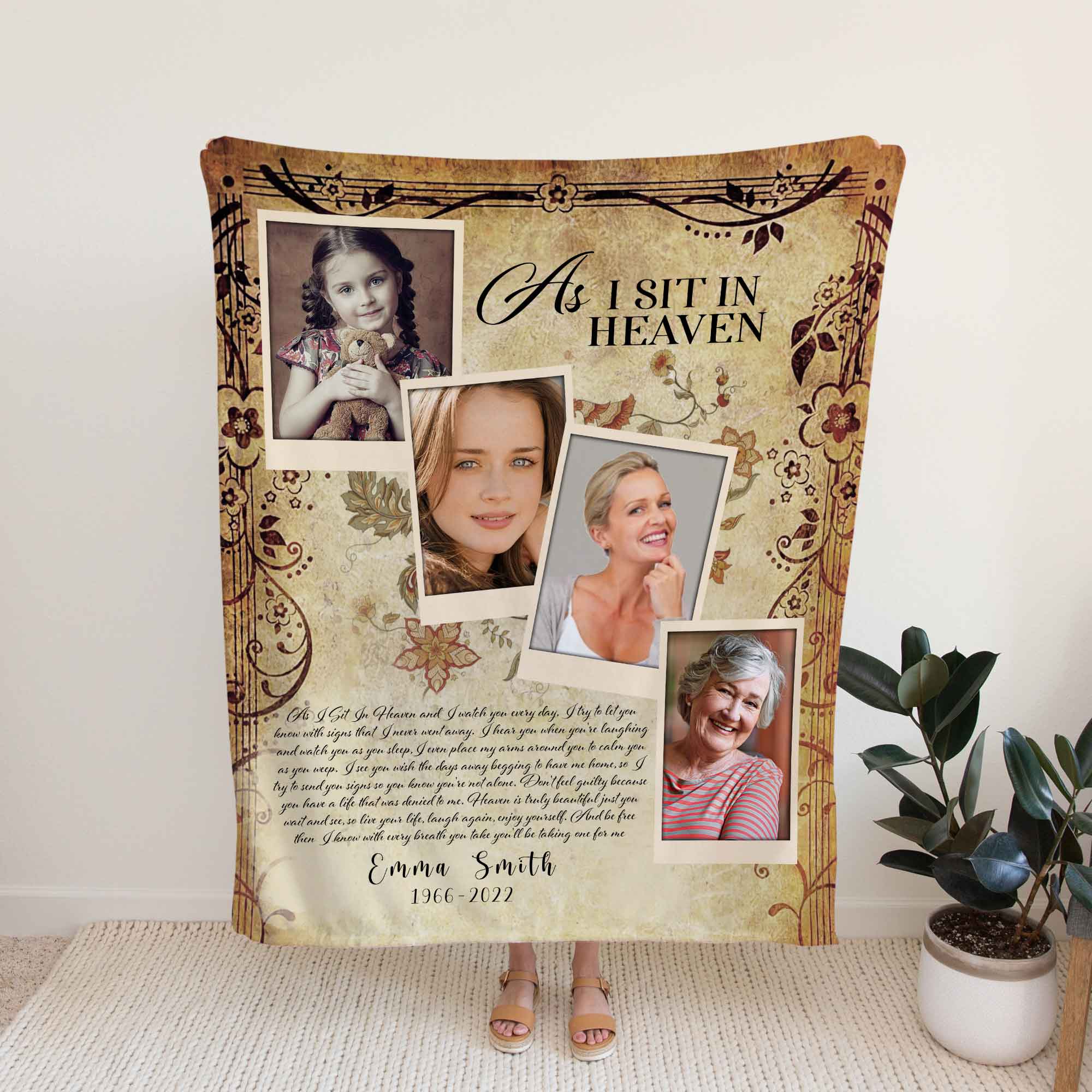 As I Sit In Heaven Memorial Blankets For Loss Of Mother, Custom Photo Collage Blanket For Mothers Day Gifts, Grief Blanket