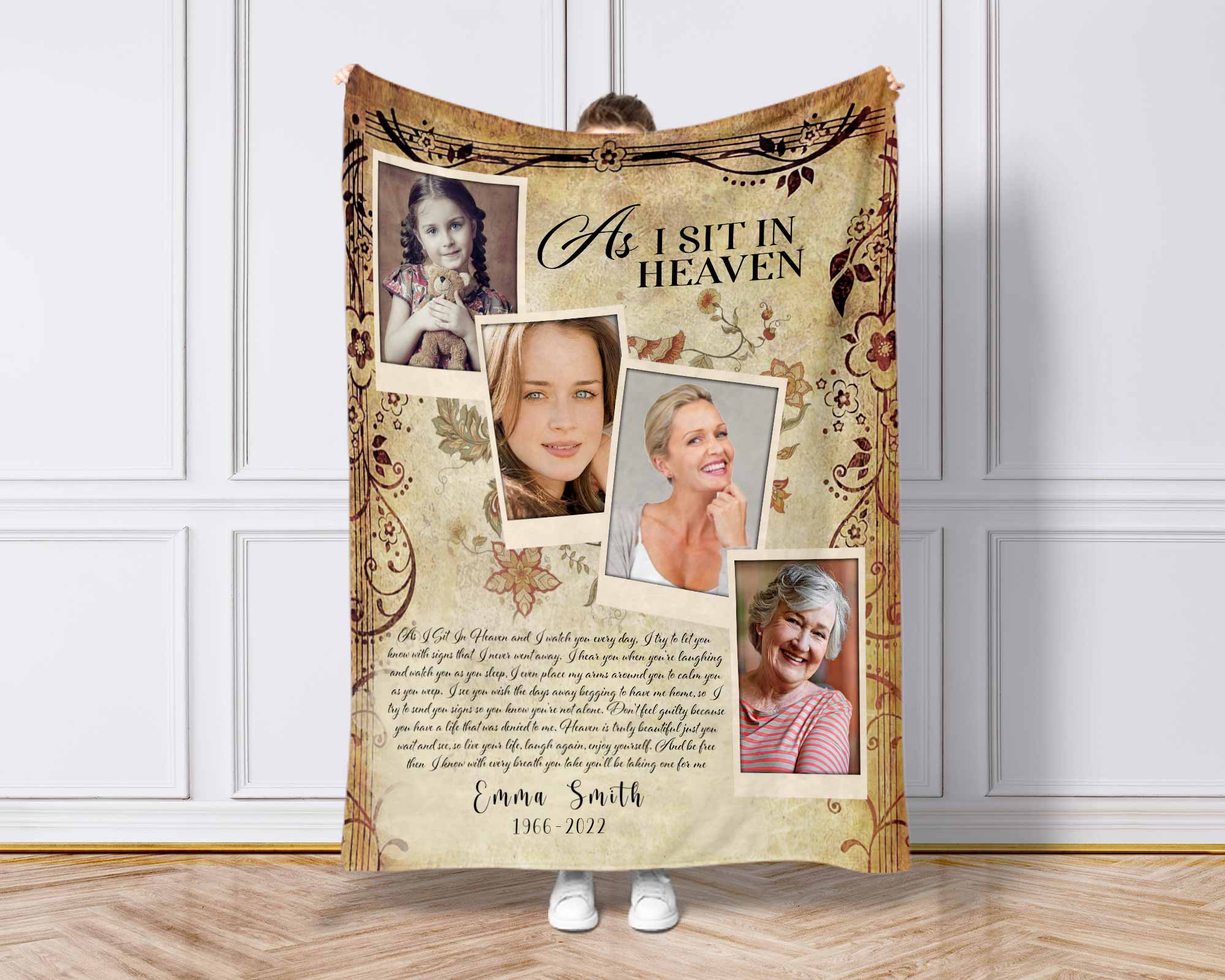 As I Sit In Heaven Memorial Blankets For Loss Of Mother, Custom Photo Collage Blanket For Mothers Day Gifts, Grief Blanket