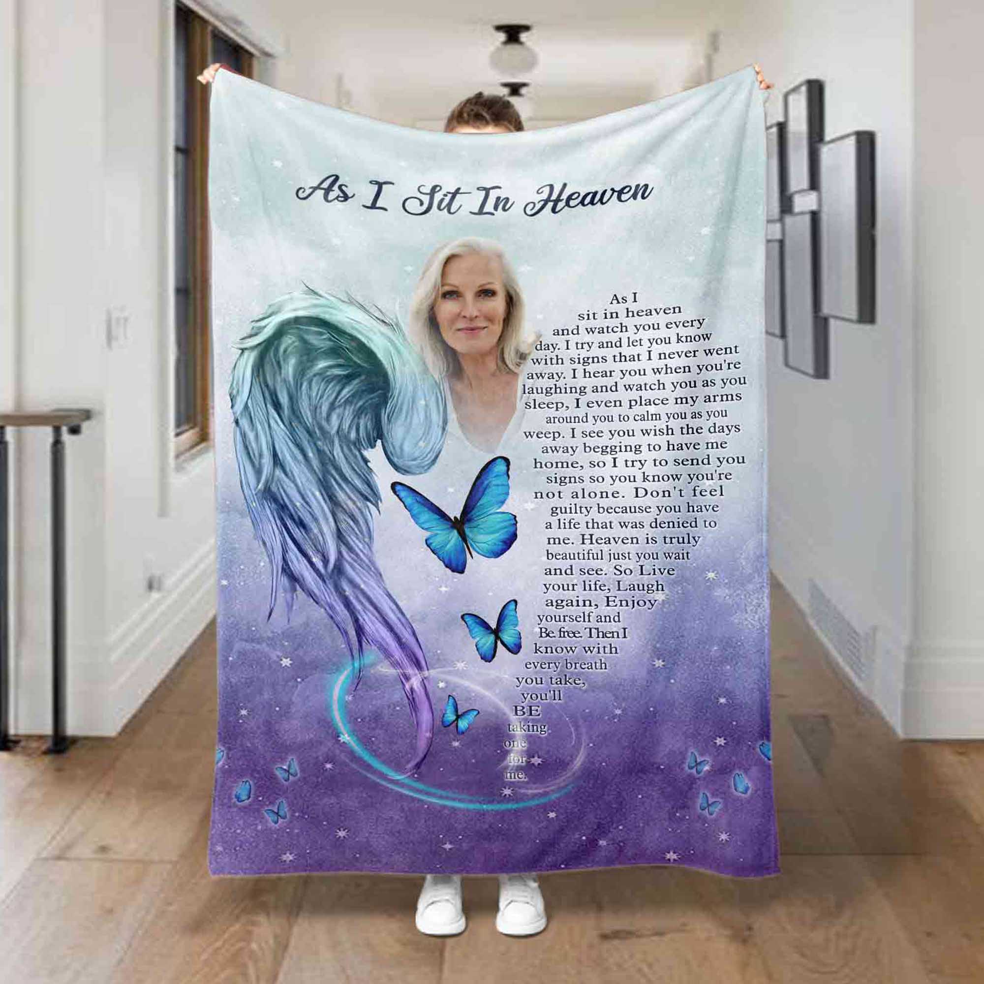 As I Sit In Heaven Memorial Blankets For Loss Of Mother, Personalized Angel Wings Sympathy Blanket