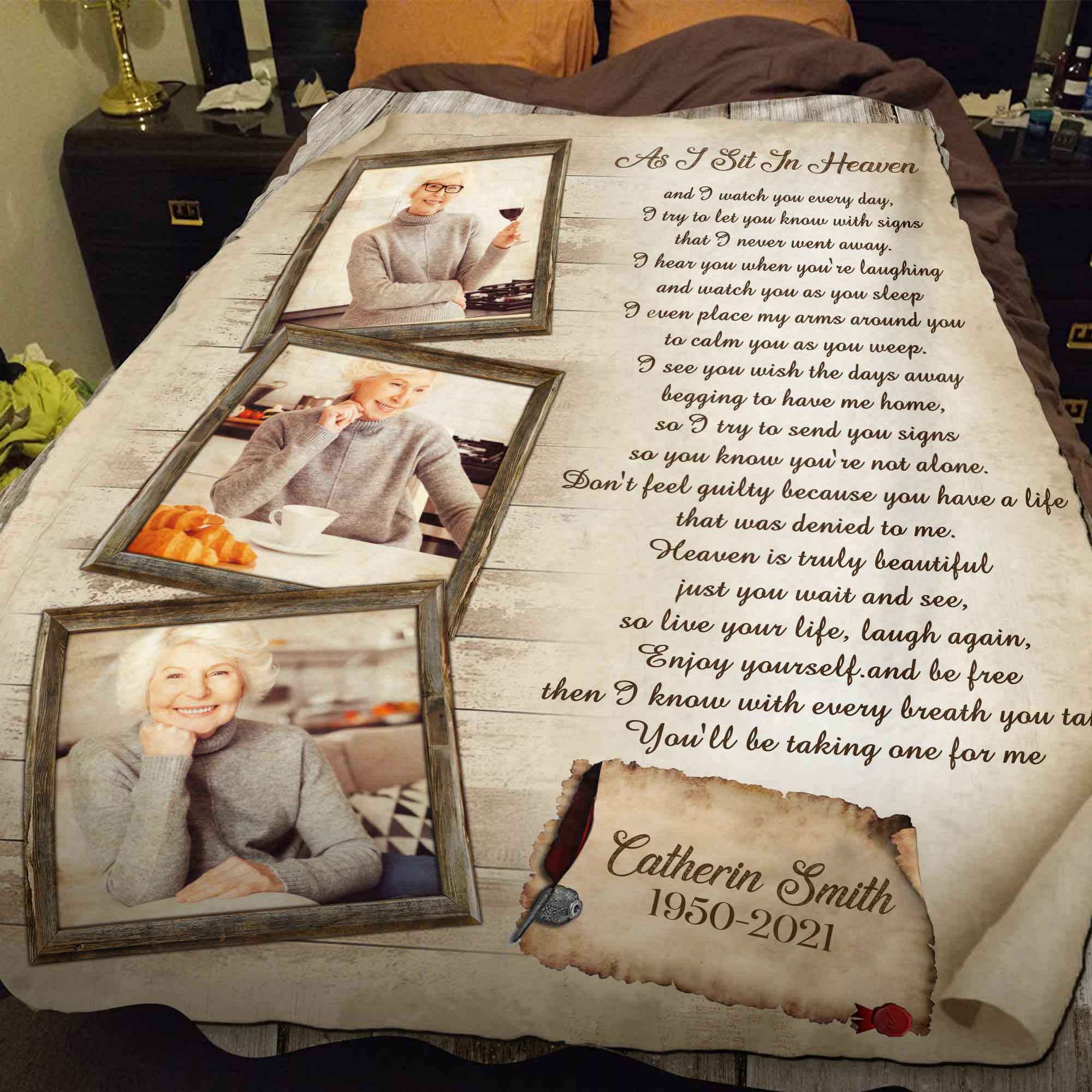 As I Sit In Heaven, Personalized Memorial Photo Blanket Custom, Sympathy Gift Loss Of Father, Bereavement Blankets