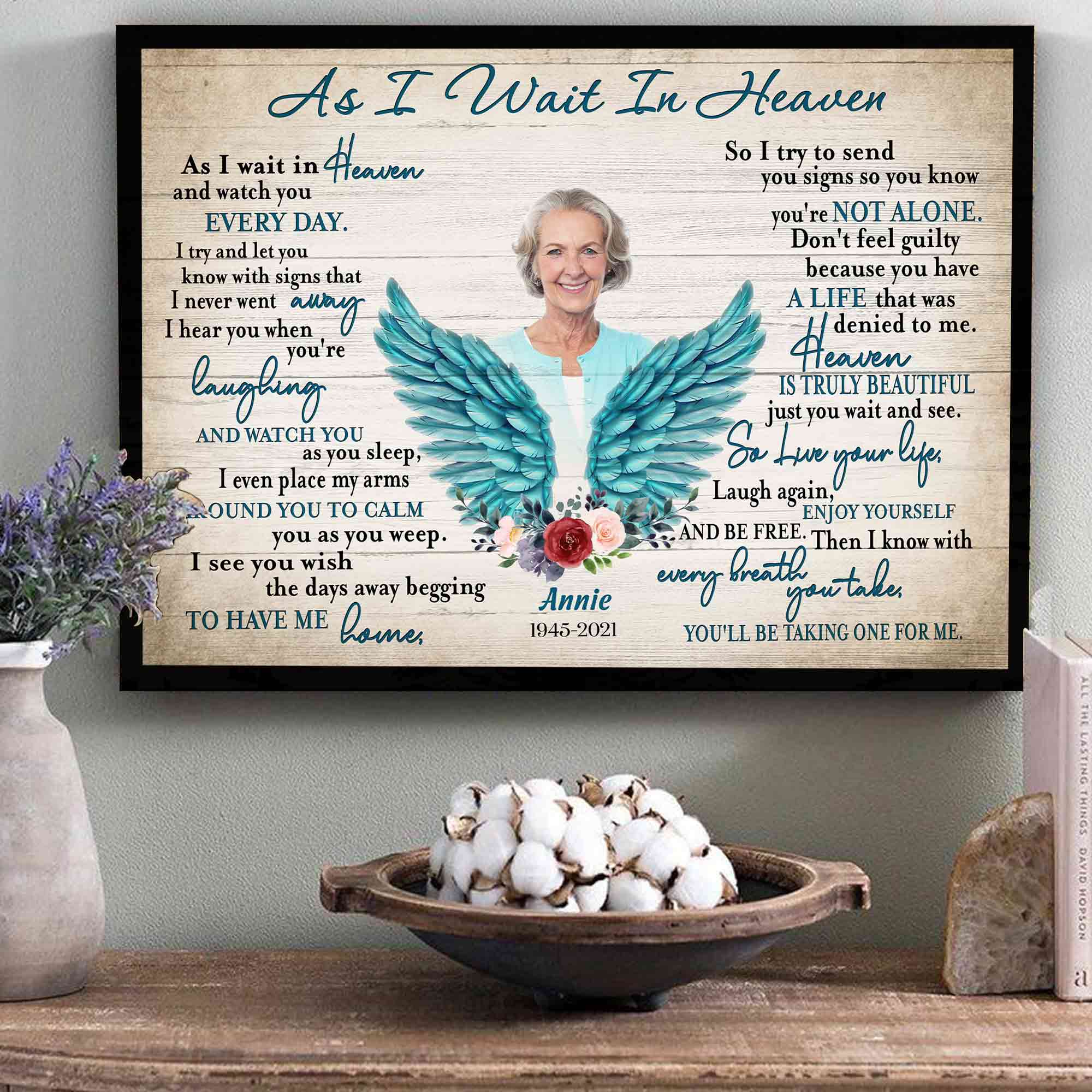 Personalize Memorial Gifts For Loss Of Mother, As I Wait In Heaven Angel Wings Canvas Prints