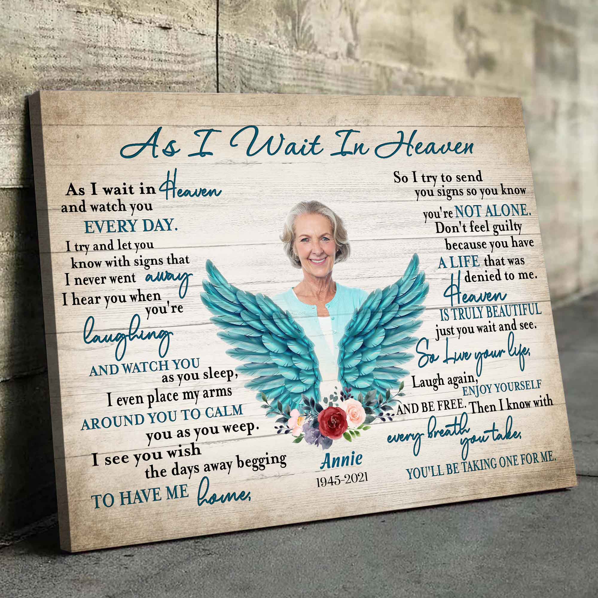 Personalize Memorial Gifts For Loss Of Mother, As I Wait In Heaven Angel Wings Canvas Prints