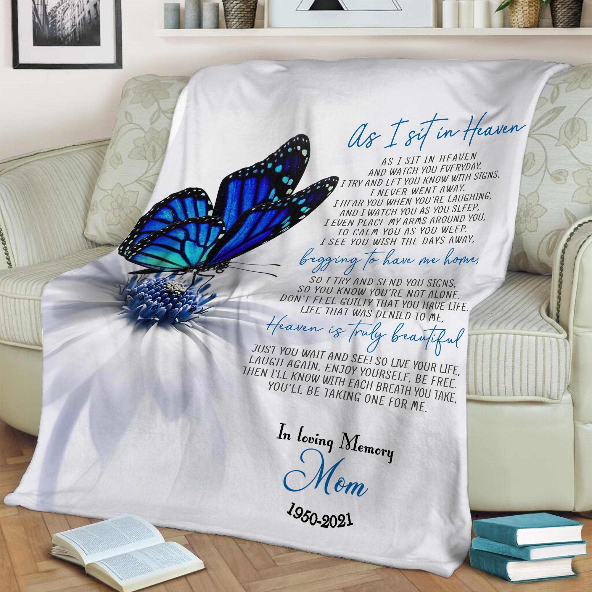Personalized As I Sit In Heaven Butterfly Memorial Blankets, Sympathy Gift For Loss Of Loved One