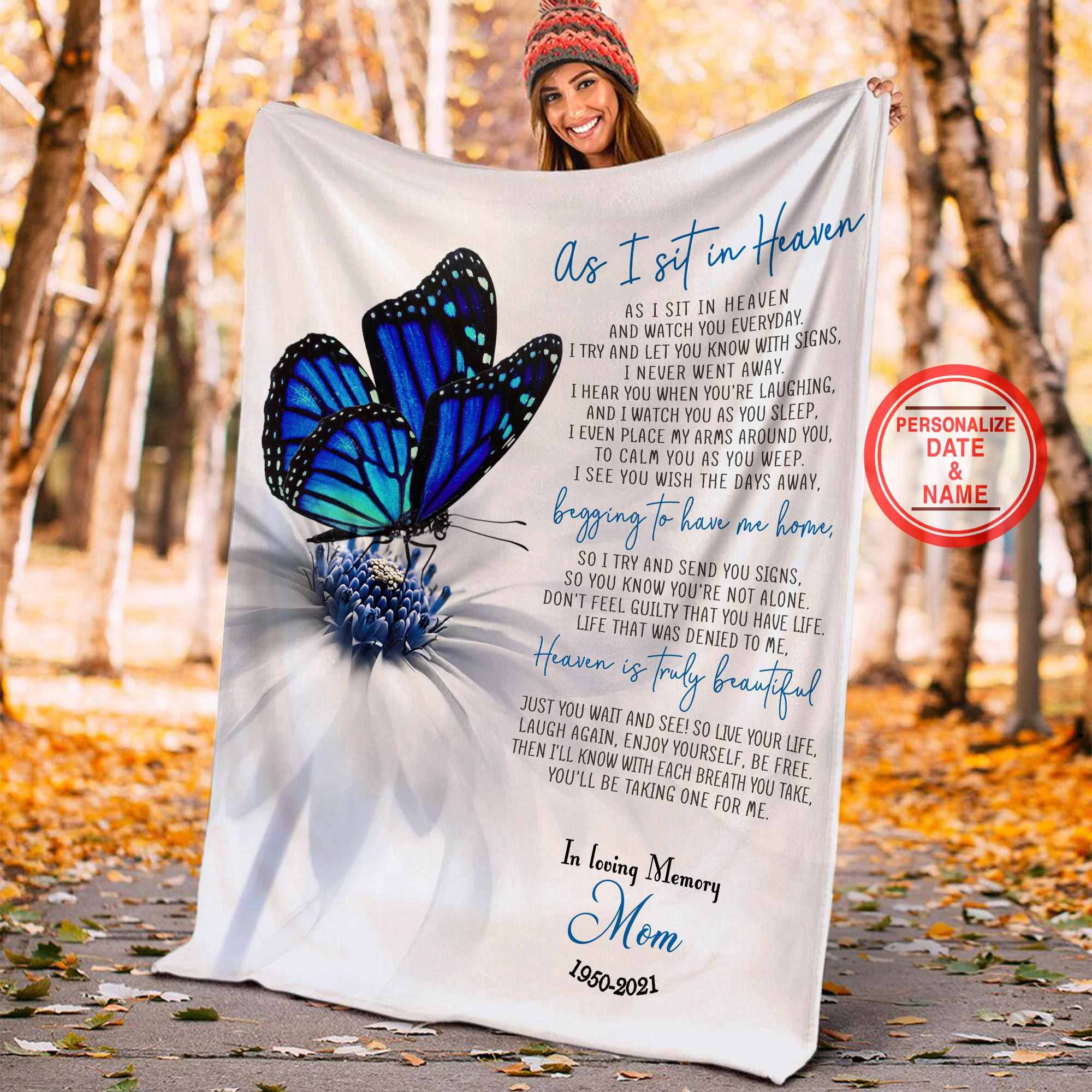Personalized As I Sit In Heaven Butterfly Memorial Blankets, Sympathy Gift For Loss Of Loved One