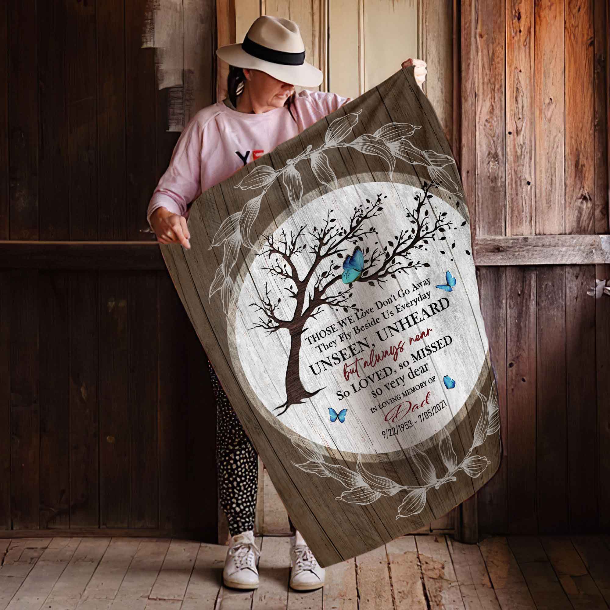 Loss Of Father Memorial Blankets Personalized, Butterfly Blanket With Bereavement Poem