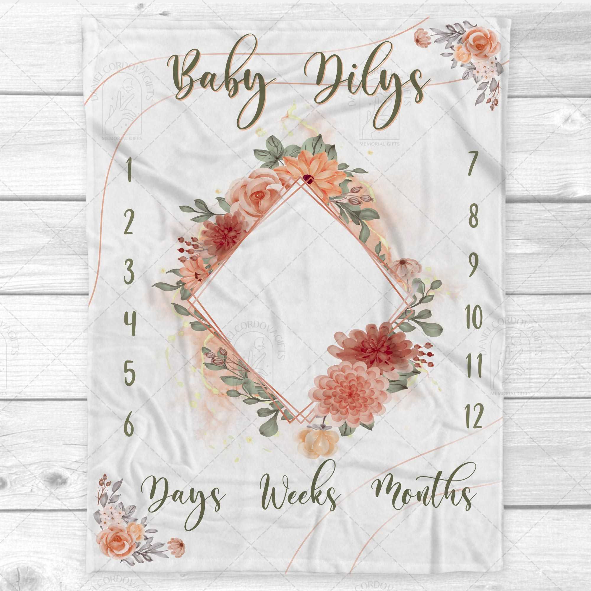 Baby Girl Floral Milestone Personalized Blanket, Custom Baby Blanket Month Milestone