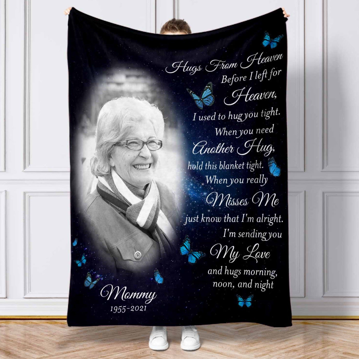 Personalized Memorial Blankets For Loss Of Mother, Sympathy Blanket For Funeral Mothers Day Gift, Hugs From Heaven Blanket
