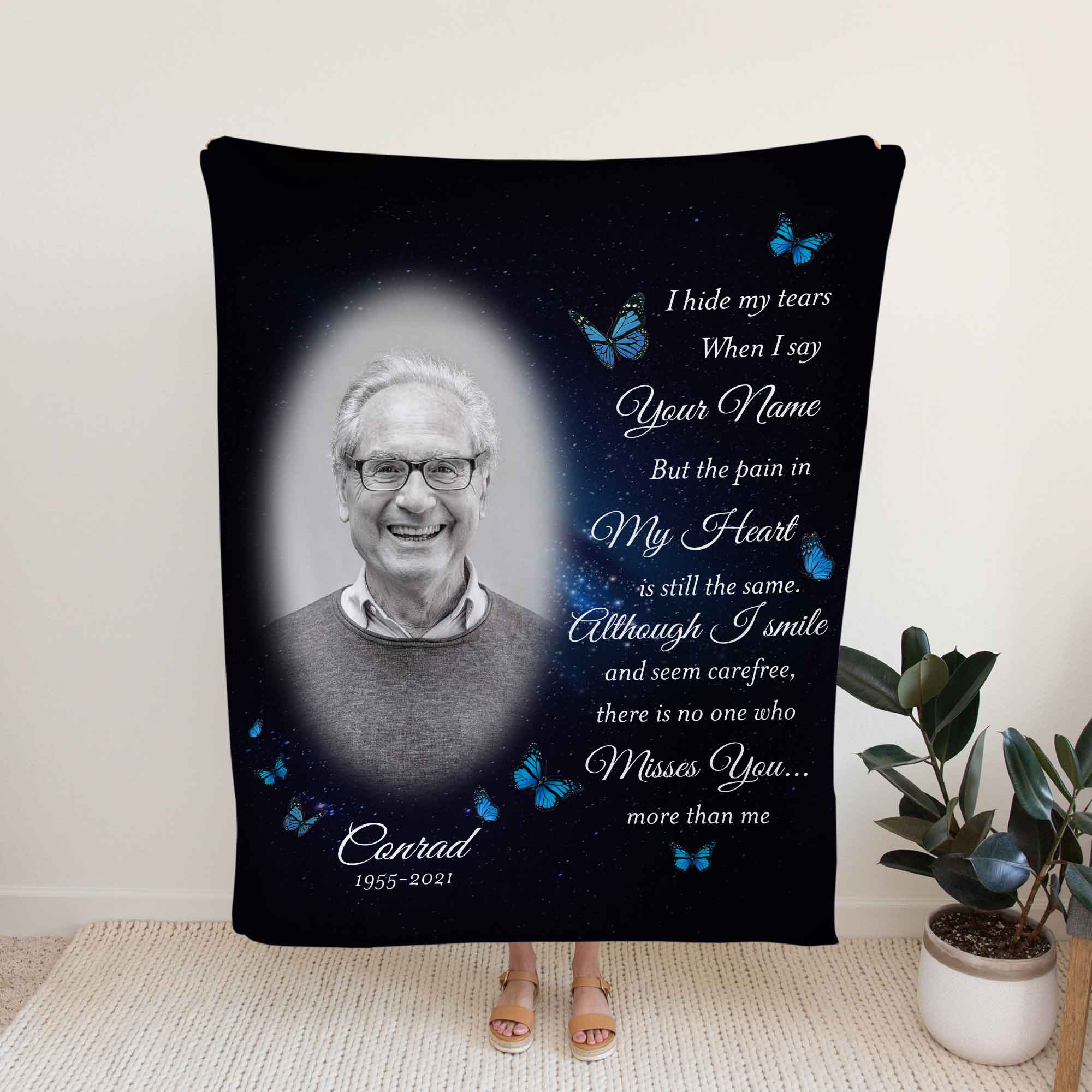 Personalized Memorial Blankets With Photo, Sympathy Blankets Fathers Day Gift, I Hide My Tears Custom Photo Blanket