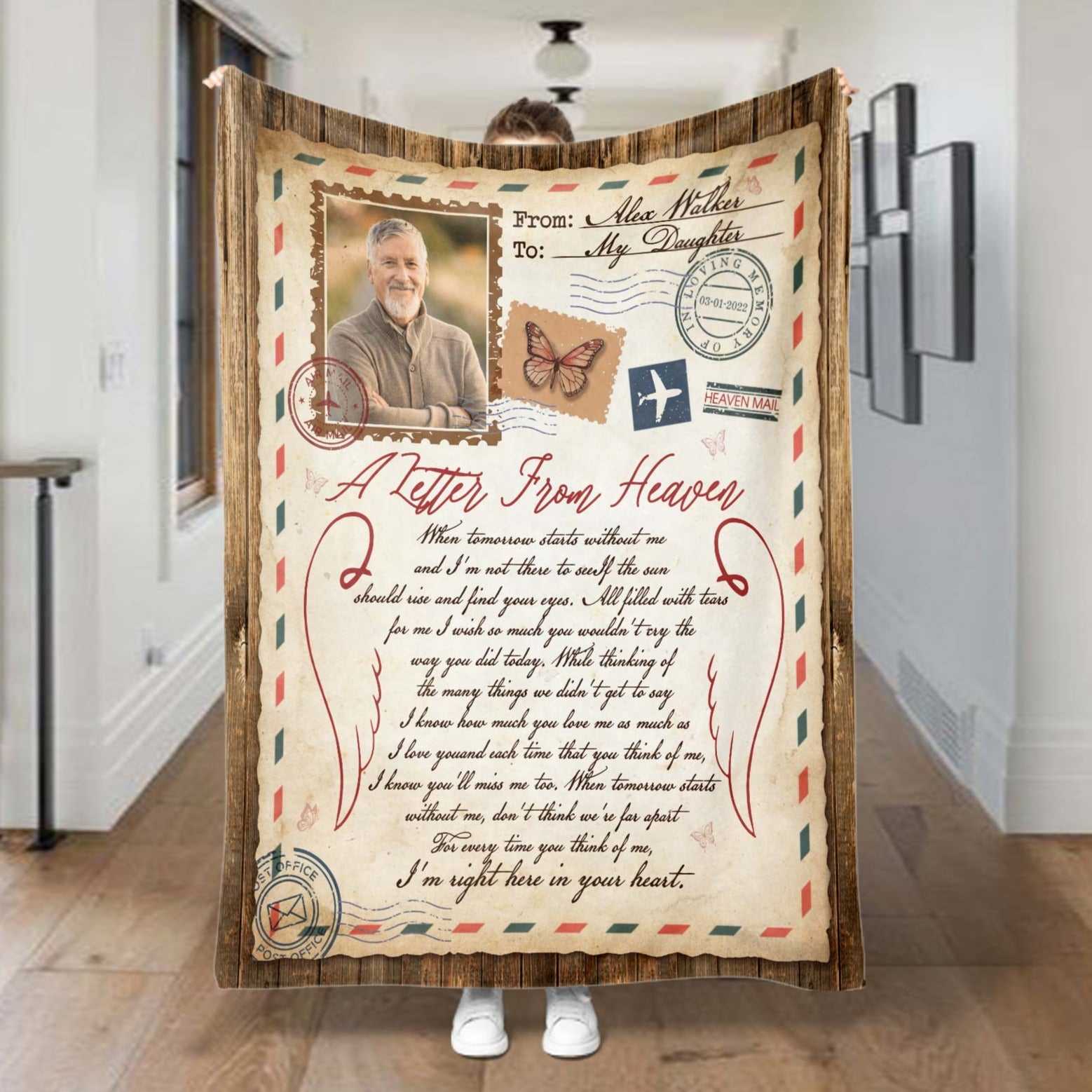 Personalized In Memory Blanket For Loss Of Father, Letter From Heaven, Funeral Throws Memorial Blankets For Dad, Personalized Photo Blanket, Condolence Blanket