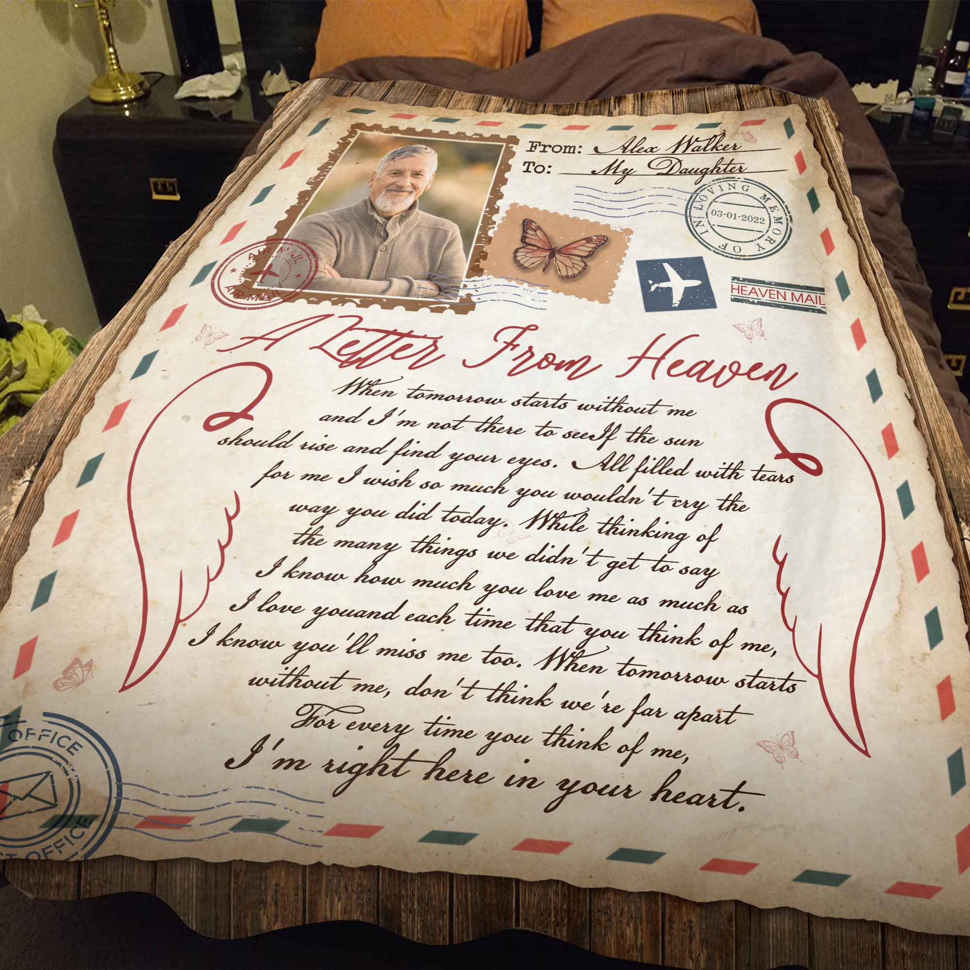 Personalized In Memory Blanket For Loss Of Father, Letter From Heaven, Funeral Throws Memorial Blankets For Dad, Personalized Photo Blanket, Condolence Blanket