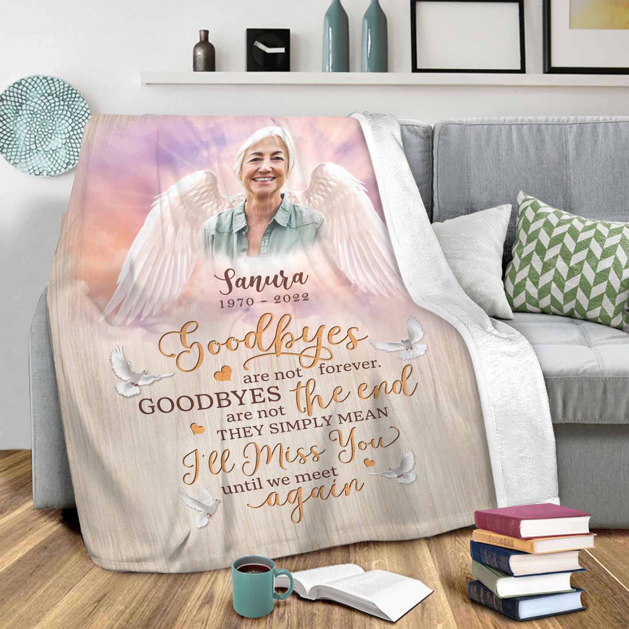 Loss Of Mother Angel Wings Memorial Photo Blanket Personalized, Portrait From Photo In Memory Gifts