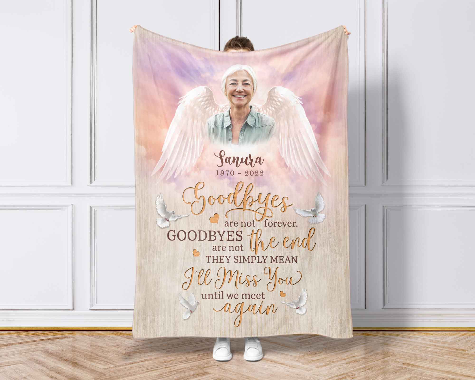 Loss Of Mother Angel Wings Memorial Photo Blanket Personalized, Portrait From Photo In Memory Gifts