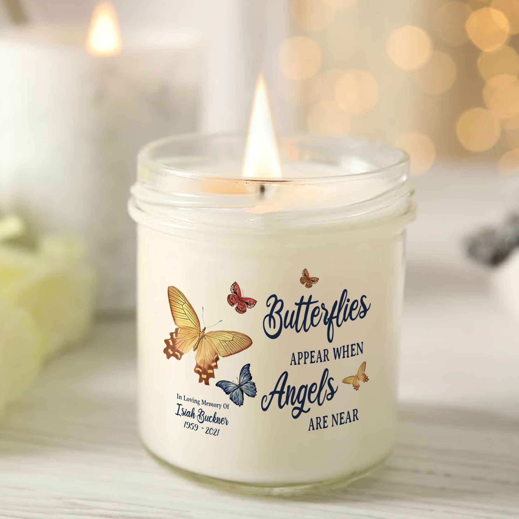 Personalized Memorial Candle Gift For Loss Of Loved One, Candle Of Remembrance, Butterflies Appear When Angels Are Near