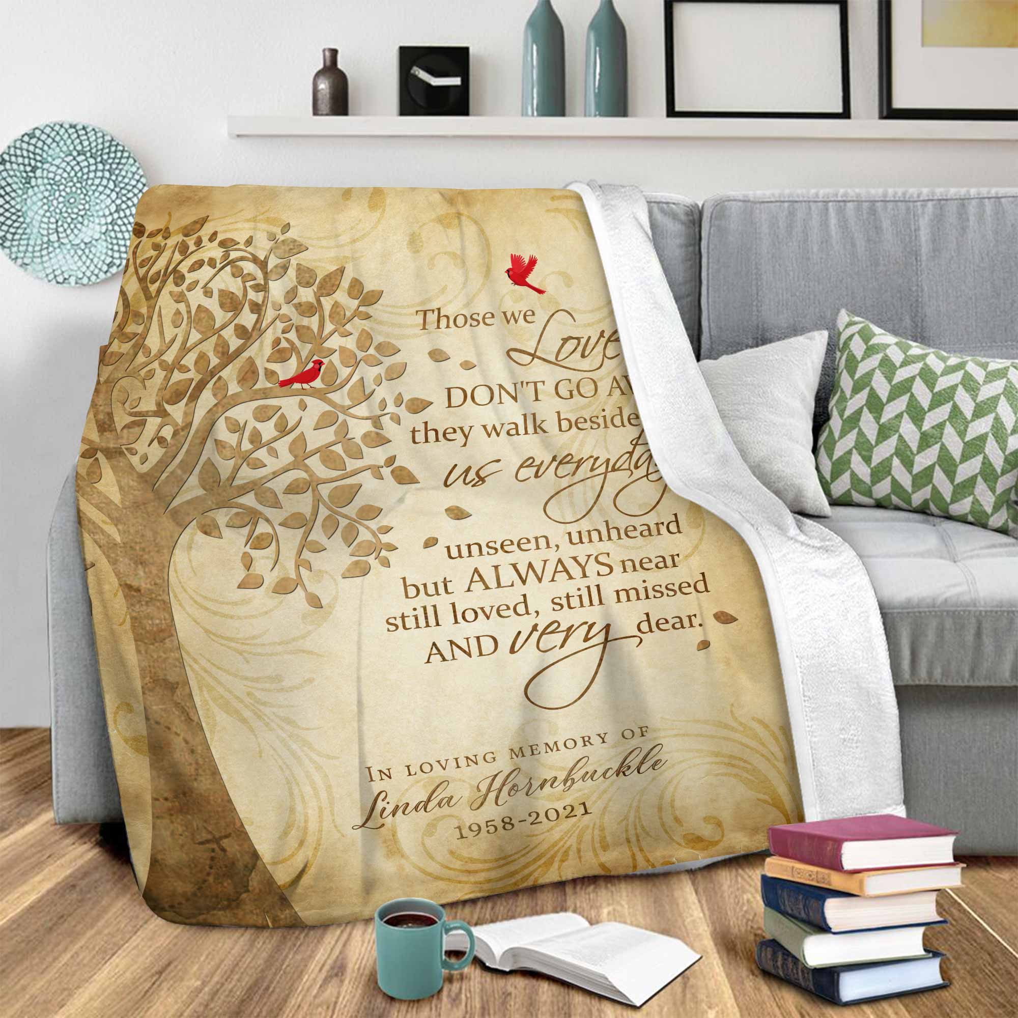 Personalized Red Cardinal Memorial Blankets, Those We Love Don't Go Away Sympathy Blankets, Remembrance Blanket