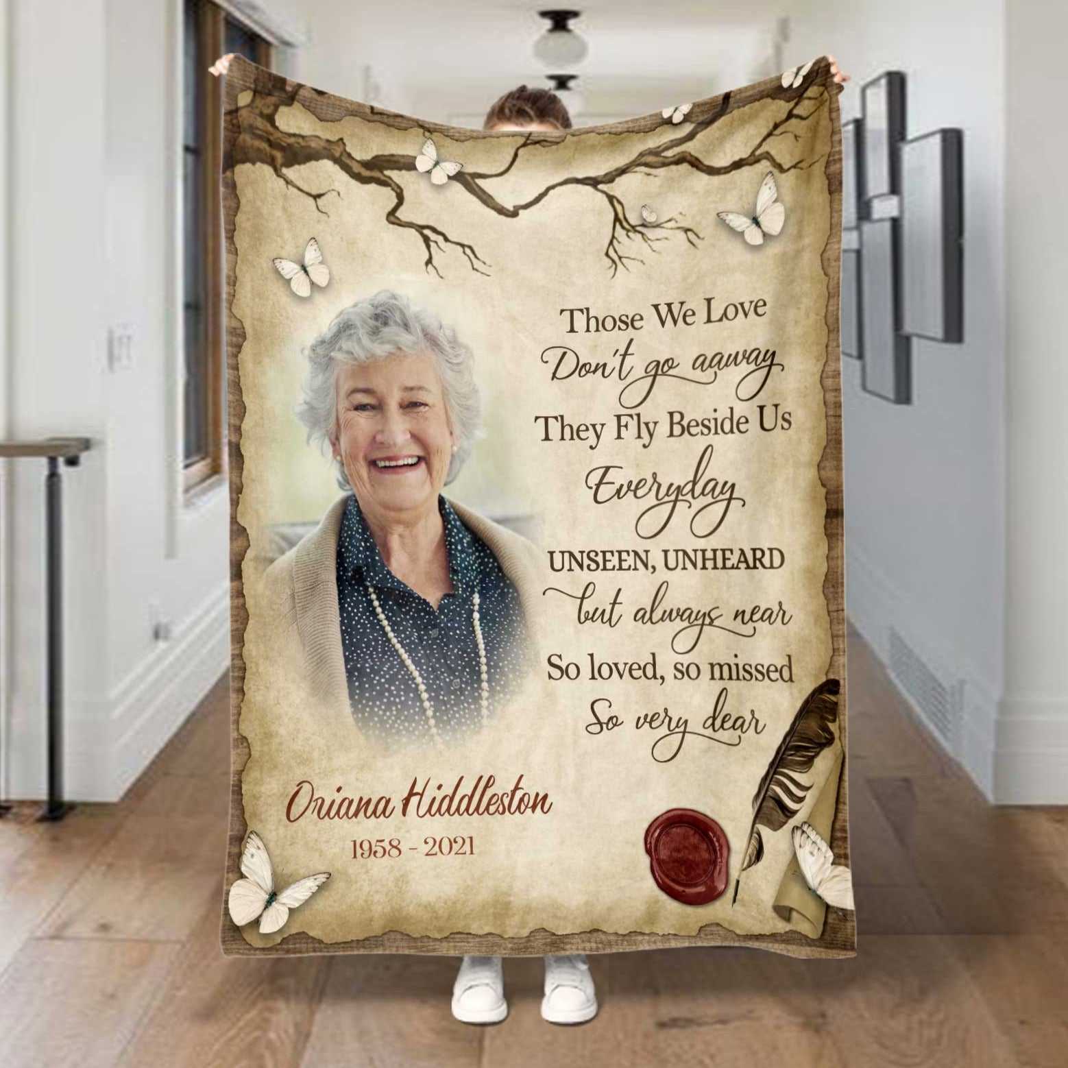 Those We Love Don't Go Away, Personalized Sympathy Blanket, Memorial Gift Loss Of Mother, Custom Photo Throw Blanket, Bereavement Blankets
